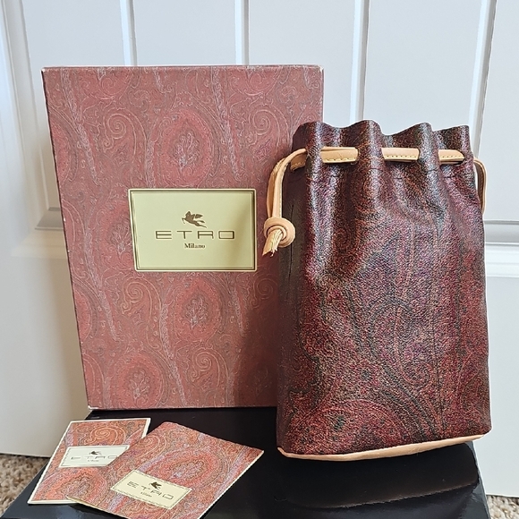 Etro Burgundy and Tan Paisley Drawstring Pouch NWOT AND BOX - Picture 3 of 11
